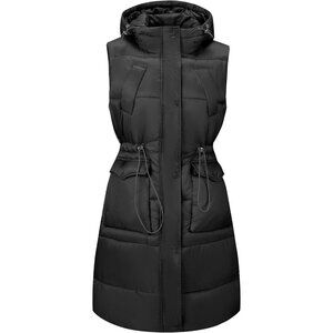 🆕 Women Black Puffer Vest Long Puffy Quilted Hooded Sleeveless Jacket Design